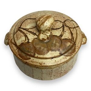 VTG Reynolds Stoneware Pottery Lidded Vessel Cherries Tureen Handles Beige Crock